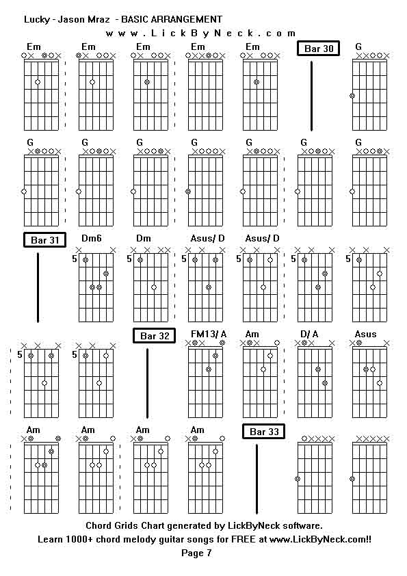 Chord Grids Chart of chord melody fingerstyle guitar song-Lucky - Jason Mraz  - BASIC ARRANGEMENT,generated by LickByNeck software.